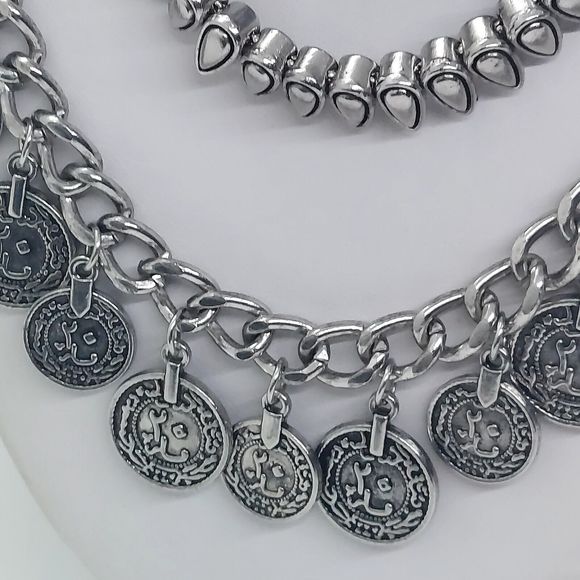 Silver Tone Layered Coin Dangle Necklace - Picture 3 of 7